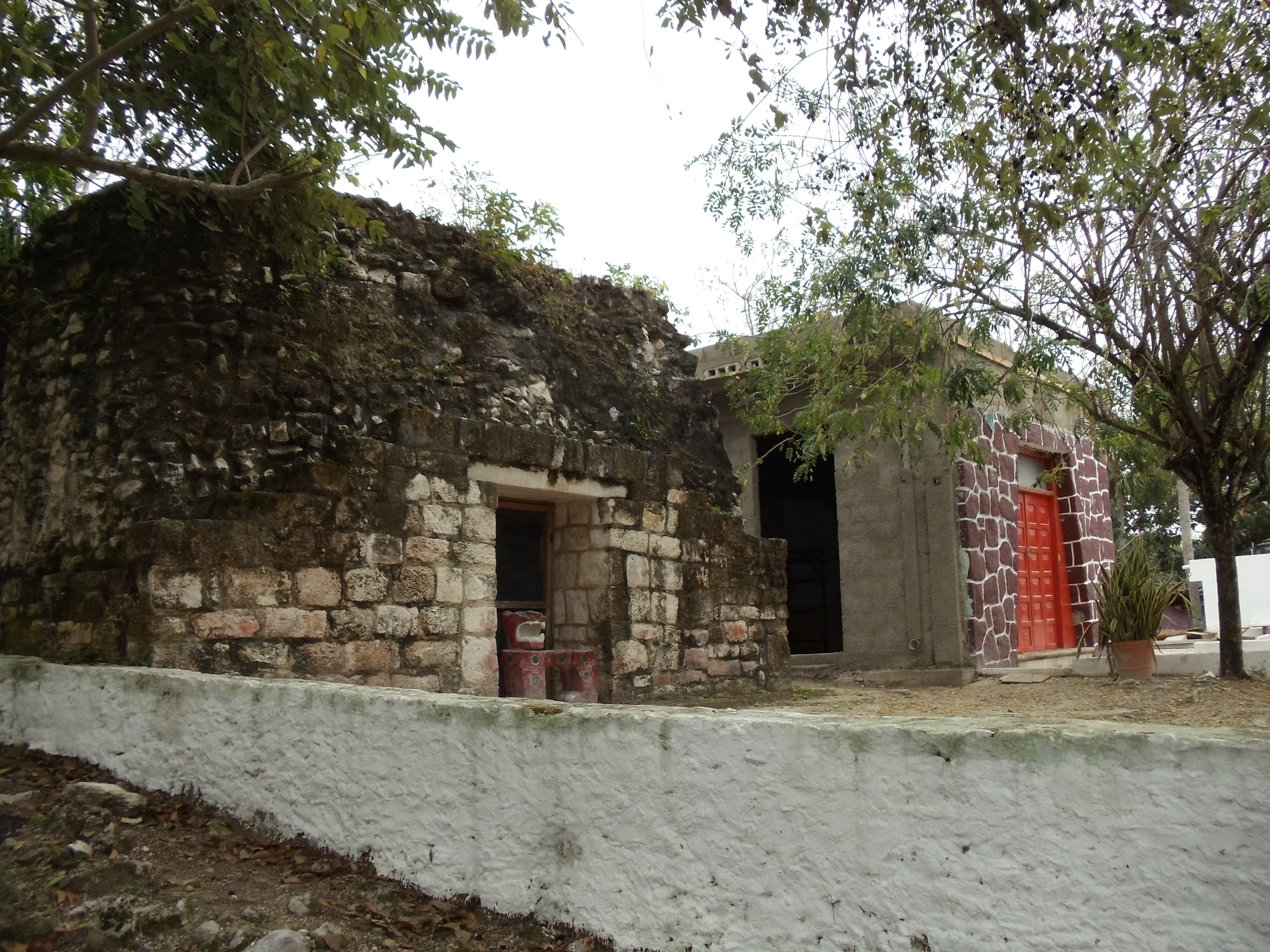 Real El Cedral Mayan temple beside the Catholic chapel in Cozumel